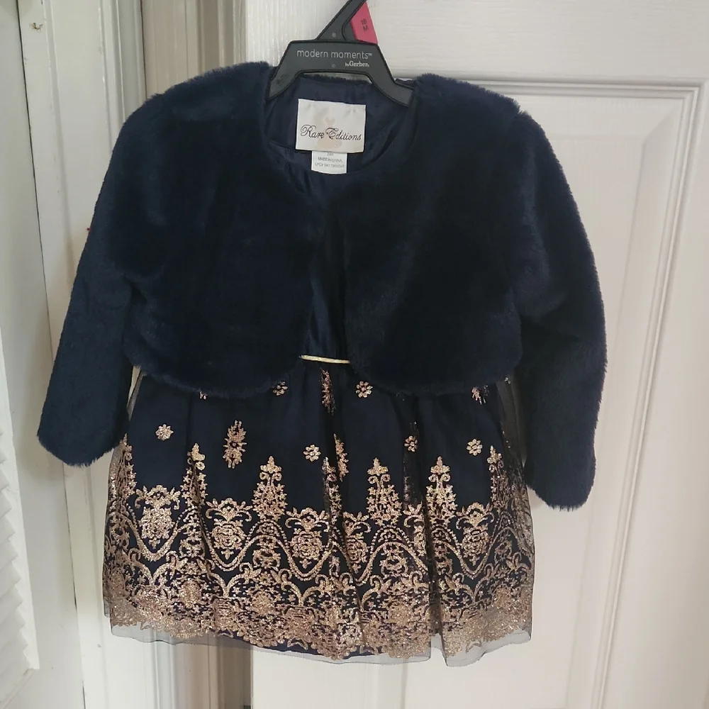 Rare Editions Navy and Gold Dress with Plush Shrug Diaper Cover Panty 24 Months